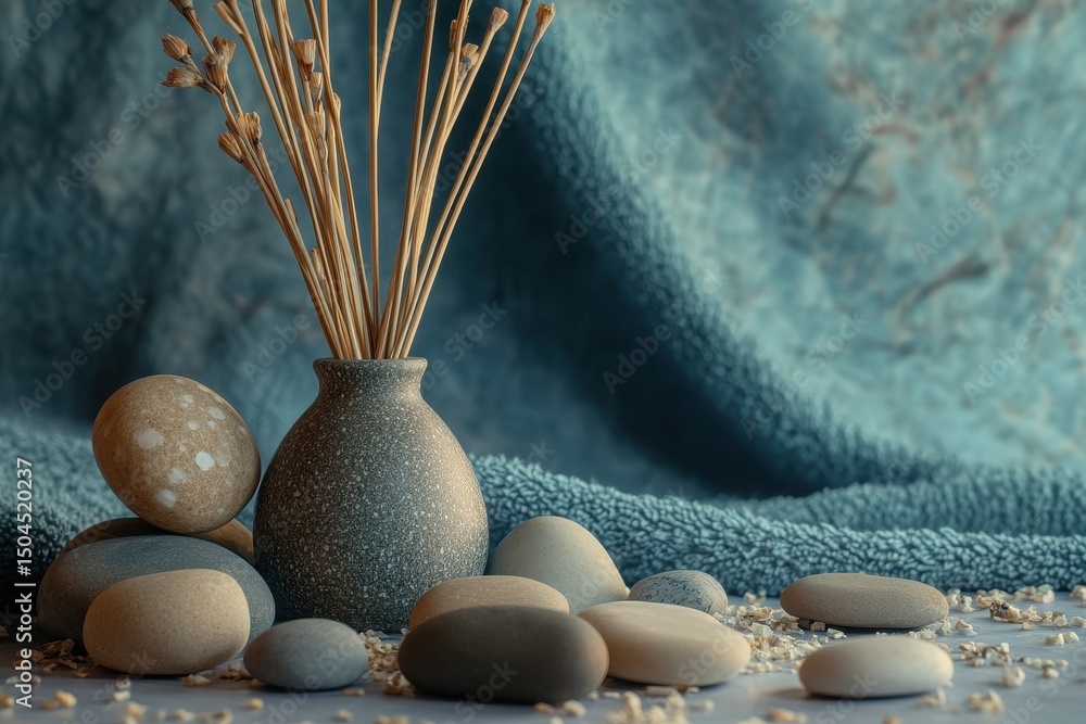 Poster relaxing spa setting featuring aromatic sticks and smooth stones for a calming atmosphere, spa setti