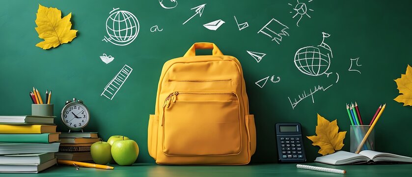 Yellow school backpack on green desk surrounded by books, apples, pencils, calculator, clock, and chalkboard with hand-drawn education icons