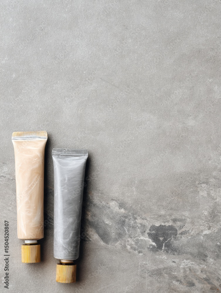 Fototapete Adhesive Tubes for Stone and Tile Displayed on a Minimal Surface in a Neutral Color Setting