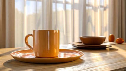 Obraz premium Warm morning sunlight illuminates a stylish orange mug and plate on a wooden table near a window, creating a peaceful breakfast scene.