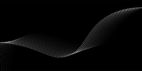 Flowing dots particles wave pattern halftone gradient curve shape isolated on white background. Vector in concept of technology, science, music, modern.