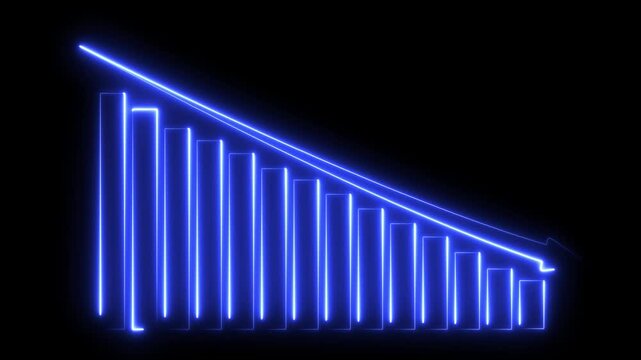Neon Glowing Downward Business Chart, Animation on Dark Background, Financial Decline Icon, Falling Graph