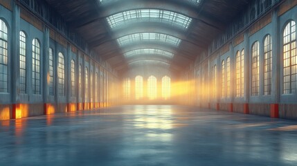 Fototapeta premium Spacious industrial hall with sunlight streaming through large windows