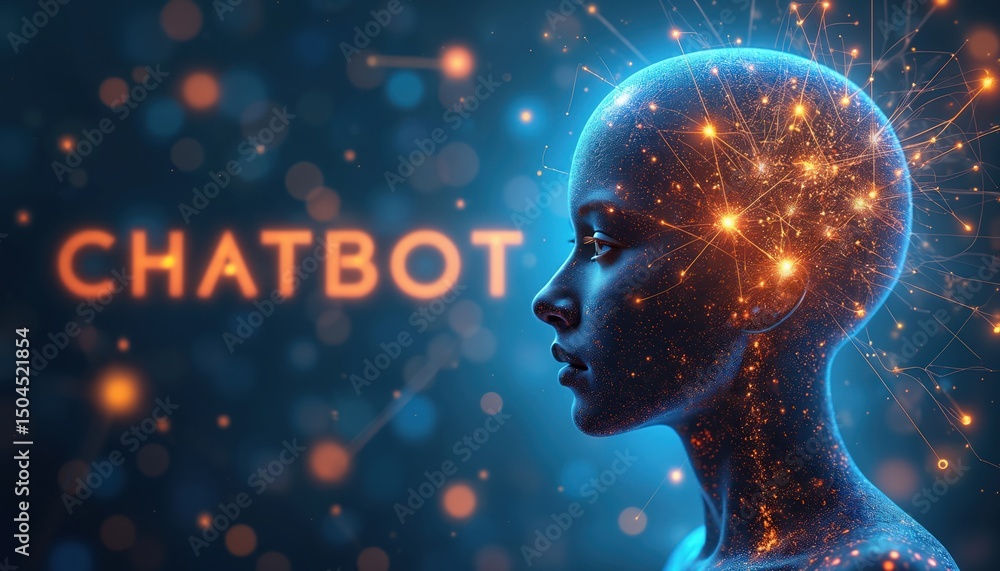 Poster ai chatbot with neural network visual concept. artificial intelligence digital assistant analyzes da