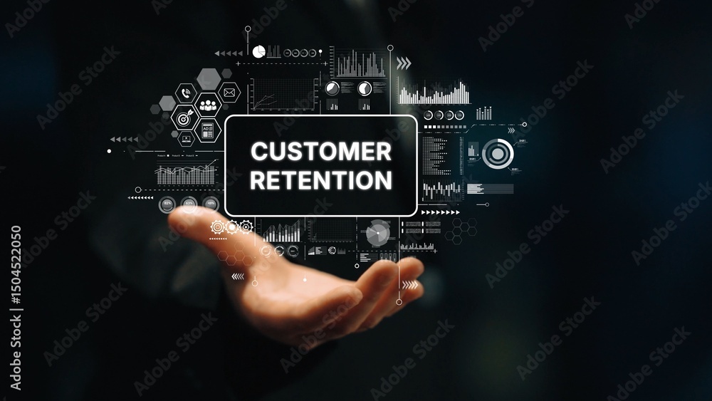 Poster businessman hand with digital interface representing customer retention strategies and analytics in 
