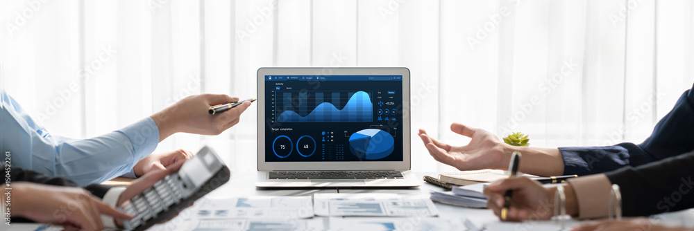 Aufkleber business intelligence and data analysis concept. analyst team working on financial data analysis das