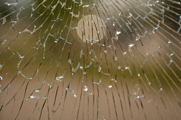 shattered safety glass on a public transport bus stop. The cracks form a circular spiderweb...