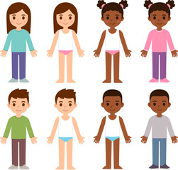 Cute cartoon Black and caucasian children in underwear and dressed. Little boys and girls putting on clothes. Isolated vector illustration set.