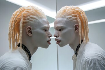 Reflection of an albino man with dreadlocks in a minimalist setting, Reflection of an albino man with dreadlock hair looking at himself in the mirror Cinematic