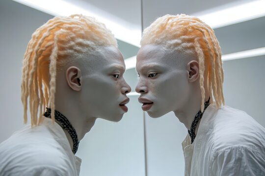 Reflection of an albino man with dreadlocks in a minimalist setting, Reflection of an albino man with dreadlock hair looking at himself in the mirror Cinematic