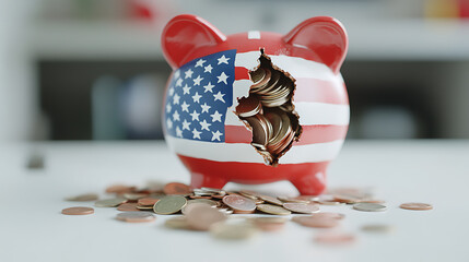 Broken piggy bank with flag motif, symbolizing financial difficulties. Coins spill out, representing economic strain or loss.