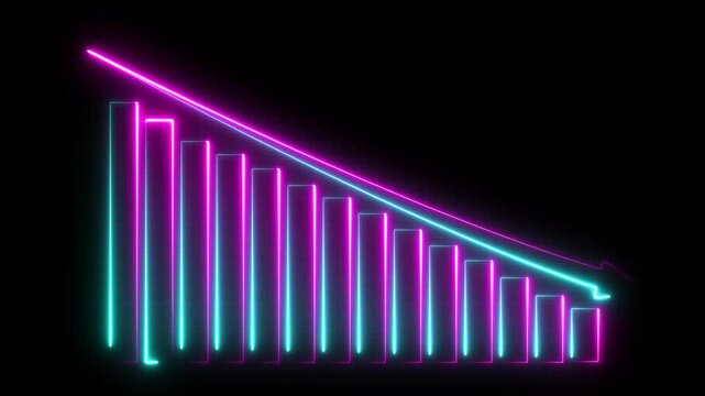 Neon Down Business Graph Animation, Glowing Chart Icon, Financial Loss, Decline Concept on Black Background