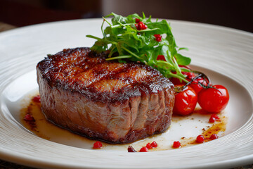 A juicy piece of steak served  