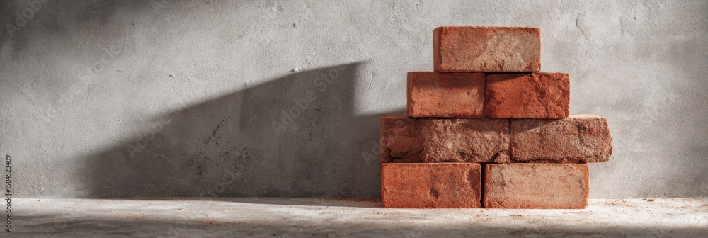 Poster stack of red bricks casting shadow on clean concrete background in bright lighting environment