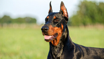 Portrait of cute Doberman dog with wet fur. Pet, domestic animal. Blurred natural green backdrop.