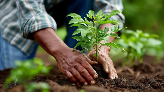 Person planting trees or working in community garden promoting local food production and habitat restoration, concept of Sustainability and Community Engagement