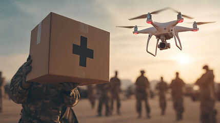 Drone delivering a box of medical supplies to a military unit in the field.