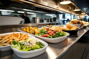 French fries, salads and burgers waiting on metal counter in restaurant kitchen