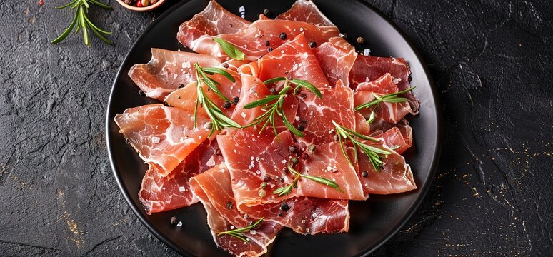 Close up of thinly sliced prosciutto with sprigs of rosemary on a black plate.