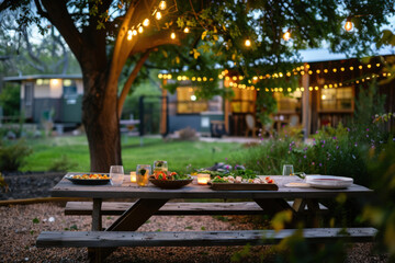 Obraz premium Garden dinner table with food and candles under string lights