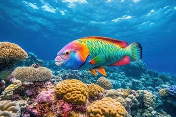 Fototapeta premium Colorful parrot fish swimming among vibrant corals in the Great Barrier Reef of Australia, Parrotfish in corals of Great Barrier Reef of Australia coast