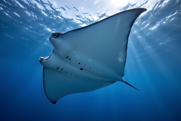 Manta Ray gliding: A magnificent manta ray glides gracefully through the blue ocean, wings outstretched in a display of aquatic ballet, with sun rays piercing through the water.