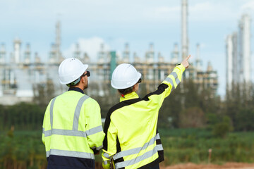 Engineering team in safety gear planning pipeline maintenance at oil and gas refinery site with storage tanks in the background.
