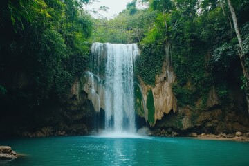 Discover the beauty of a hidden waterfall in a lush tropical forest surrounded by vibrant greenery, Scenic waterfall in tropical forest Amazing nature background