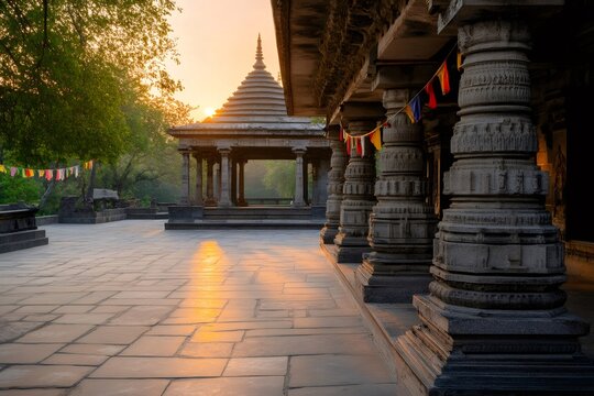Sun illuminating the courtyard of the thousand pillared temple during sunrise in warangal, india