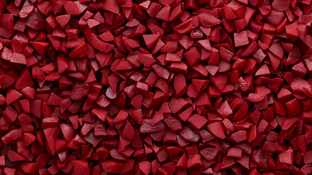A dense scattering of glossy, dark red, angular pieces forms a textured, uniform background. Each piece reflects light, enhancing the color's depth.