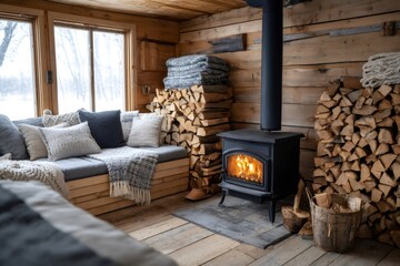 Burning fireplace warming cozy cabin during winter snowfall