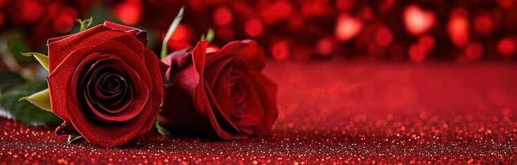 Two red roses on a red background with sparkling hearts. Romantic and passionate background for Valentine's Day or anniversary.