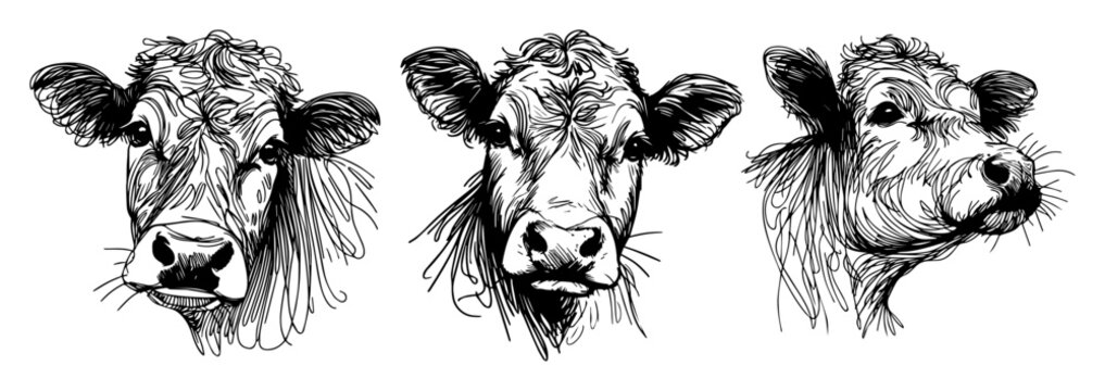 cow portraits in detailed black and white sketch vector style