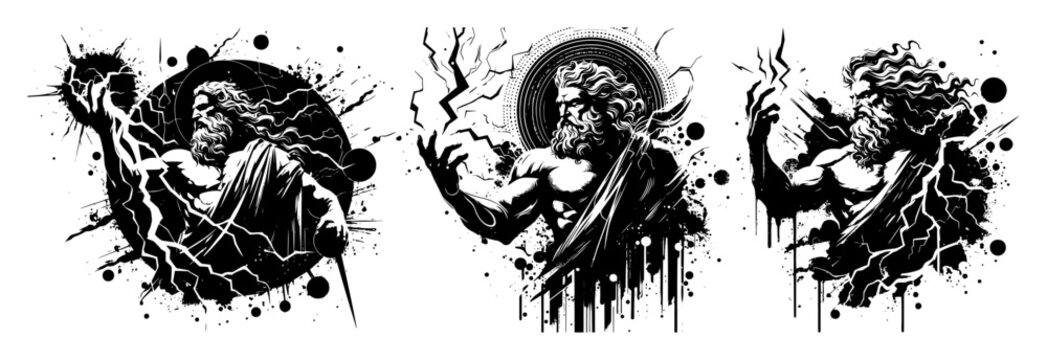 dynamic greek gods in expressive black and white ink vector style