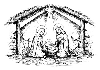 nativity scene with holy family in detailed black and white illustration © Mago