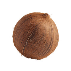 A whole coconut with brown husk on a white background, real photo, stock photography, high resolution