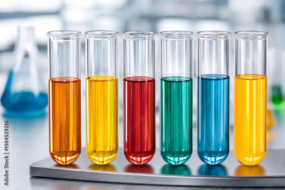 Poster test tubes containing colorful chemical substances in laboratory setting