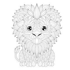 Fototapeta premium Cute lion cub coloring page, vector illustrations for adults in zentangle style. Vector illustrations for coloring lion cub.