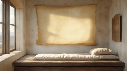 Minimalist bedroom interior with natural light and soft textures