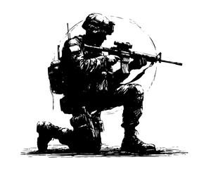 soldier aiming rifle in tactical kneeling pose silhouette