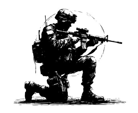 soldier aiming rifle in tactical kneeling pose silhouette