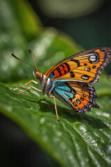 Fototapeta premium A beautiful colorful butterfly with delicate wings rests on a vibrant green leaf, a small insect in nature's summer garden