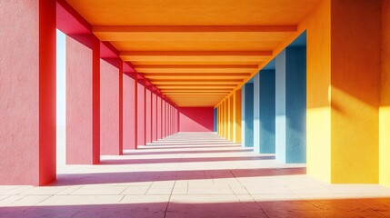 Fototapeta premium Vivid corridor of pillars; pink, orange, blue, yellow. Perspective, light, shadows