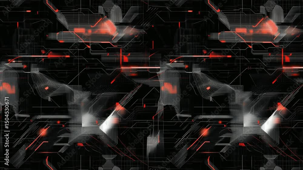 Poster seamless loop of futuristic black cyber circuit patterns with glowing red lights.
