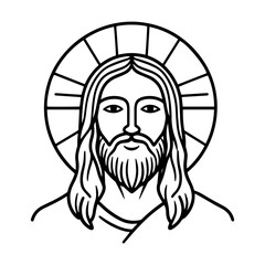 line art portrait of jesus with halo in minimalist black and white style