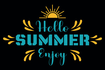 Hello summer graphic with yellow sun and decorative lettering