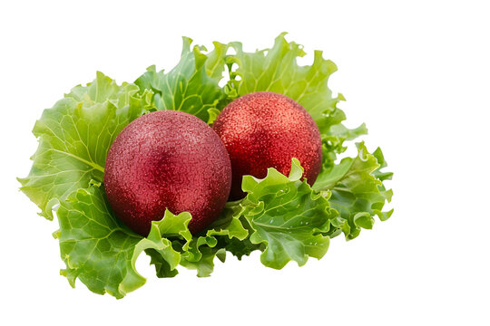 Red Christmas ornaments nestled in green lettuce leaves - Powered by Adobe