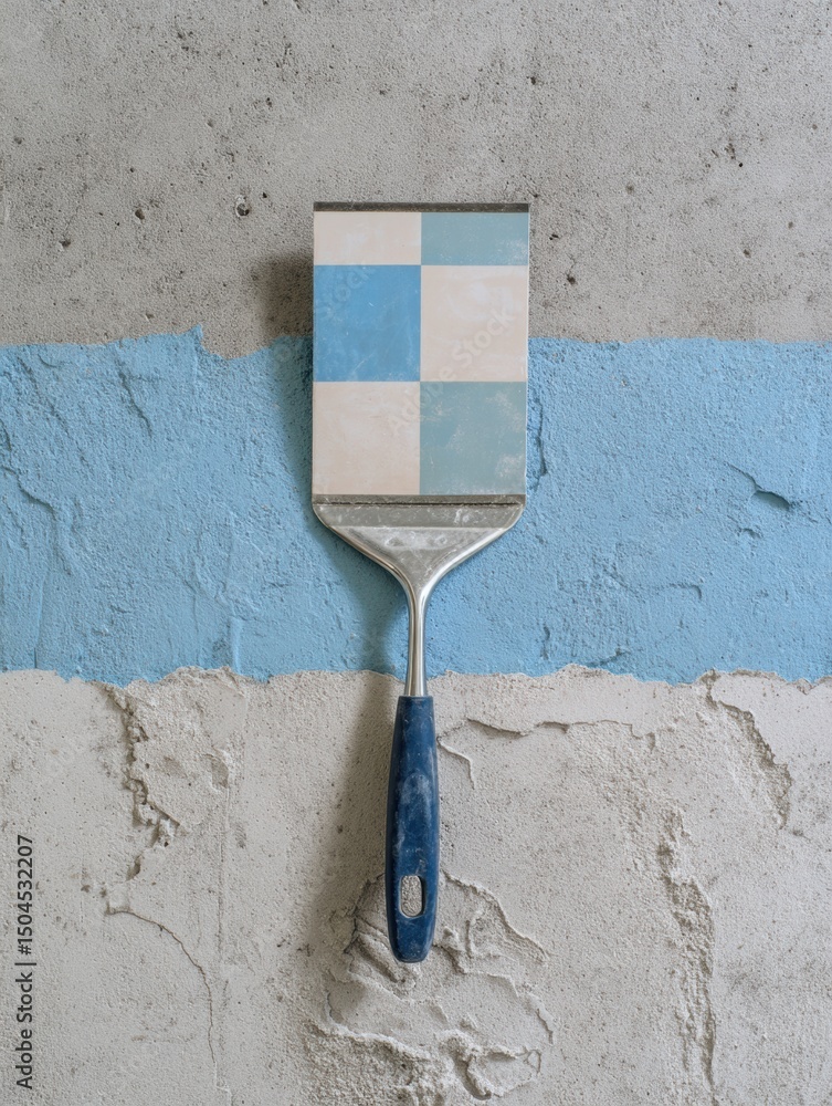 Aufkleber tile adhesive spatula rests on concrete surface alongside color pattern samples for a home renovatio
