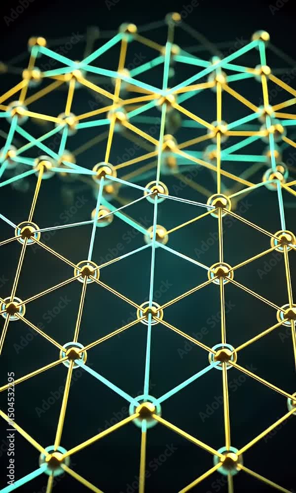Poster abstract 3d render of a network of golden spheres and teal lines against a dark backdrop