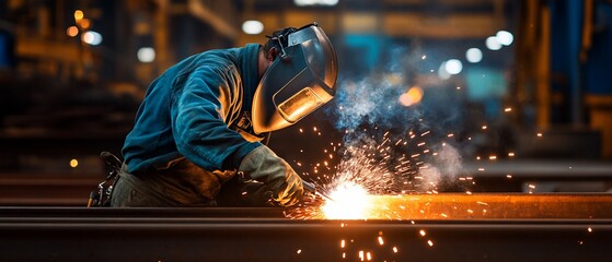 Welder in action, sparks fly during metal fabrication
